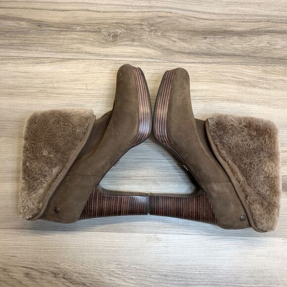 Women's UGG Dandelion Size 10 Brown Leather/Shearling High-Heel Ankle Bootie - Picture 2 of 12